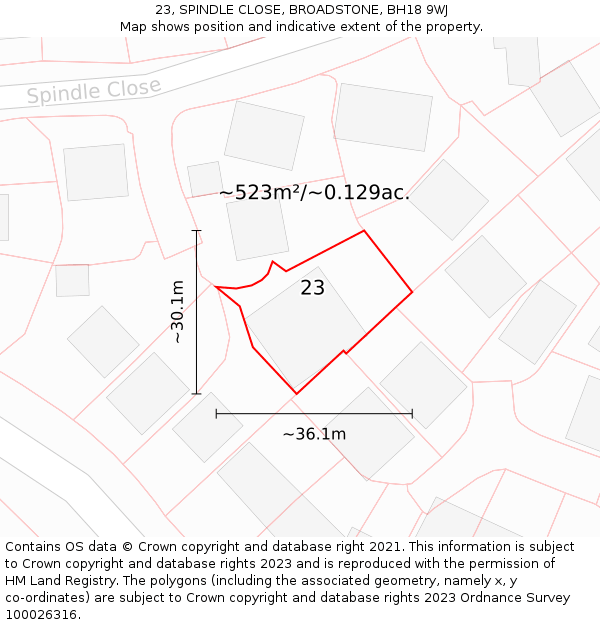 23, SPINDLE CLOSE, BROADSTONE, BH18 9WJ: Plot and title map