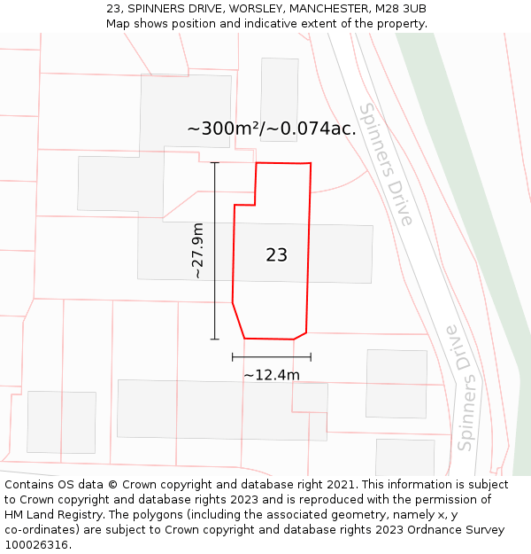 23, SPINNERS DRIVE, WORSLEY, MANCHESTER, M28 3UB: Plot and title map