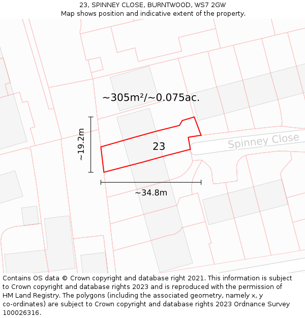 23, SPINNEY CLOSE, BURNTWOOD, WS7 2GW: Plot and title map