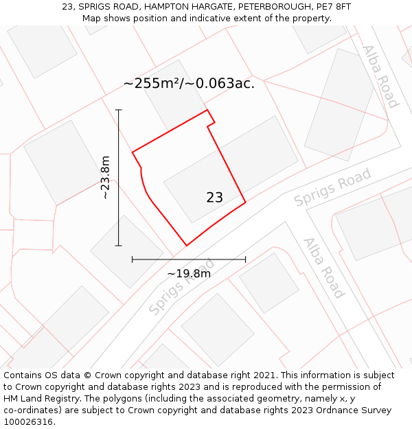 23, SPRIGS ROAD, HAMPTON HARGATE, PETERBOROUGH, PE7 8FT: Plot and title map