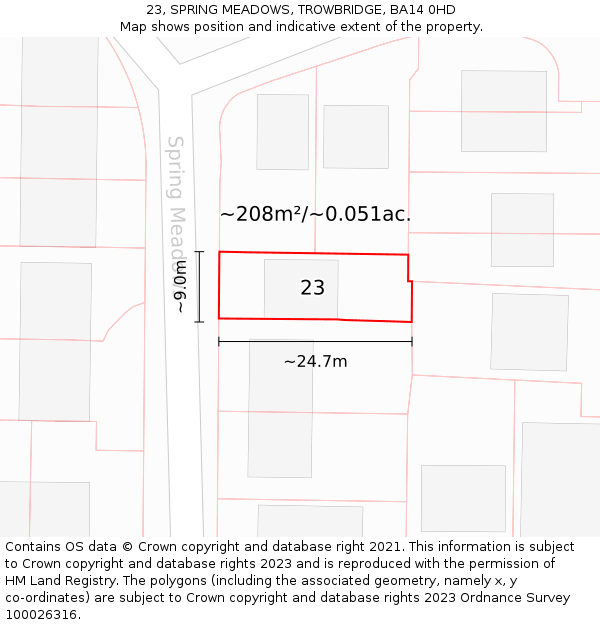 23, SPRING MEADOWS, TROWBRIDGE, BA14 0HD: Plot and title map