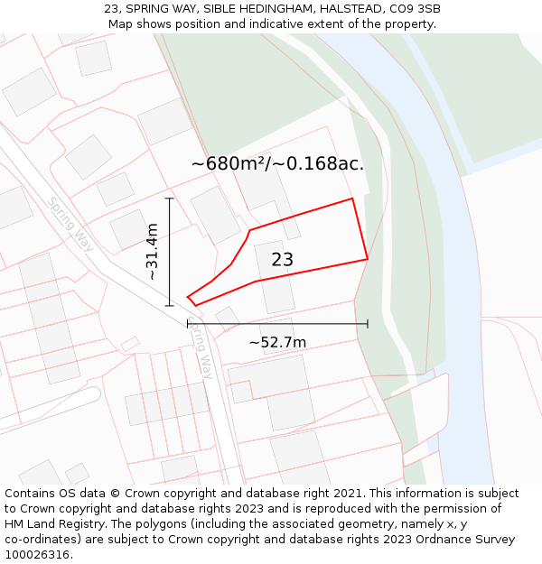23, SPRING WAY, SIBLE HEDINGHAM, HALSTEAD, CO9 3SB: Plot and title map