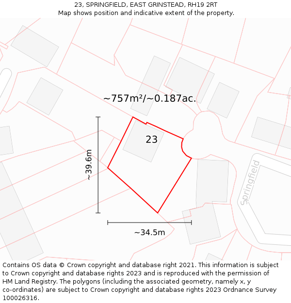 23, SPRINGFIELD, EAST GRINSTEAD, RH19 2RT: Plot and title map