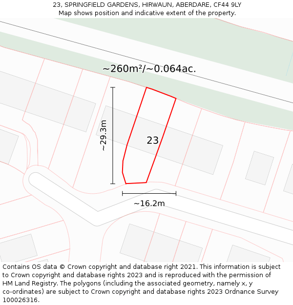 23, SPRINGFIELD GARDENS, HIRWAUN, ABERDARE, CF44 9LY: Plot and title map