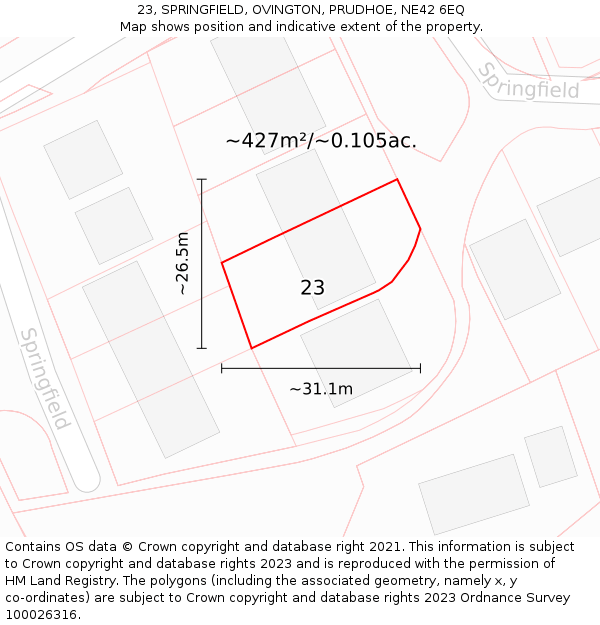 23, SPRINGFIELD, OVINGTON, PRUDHOE, NE42 6EQ: Plot and title map