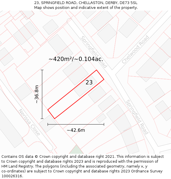 23, SPRINGFIELD ROAD, CHELLASTON, DERBY, DE73 5SL: Plot and title map
