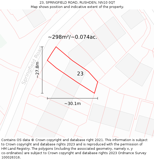 23, SPRINGFIELD ROAD, RUSHDEN, NN10 0QT: Plot and title map