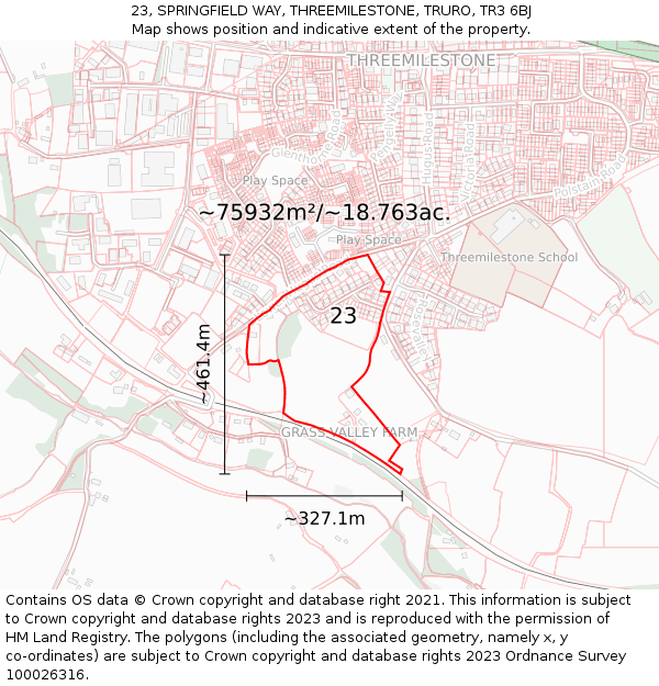 23, SPRINGFIELD WAY, THREEMILESTONE, TRURO, TR3 6BJ: Plot and title map