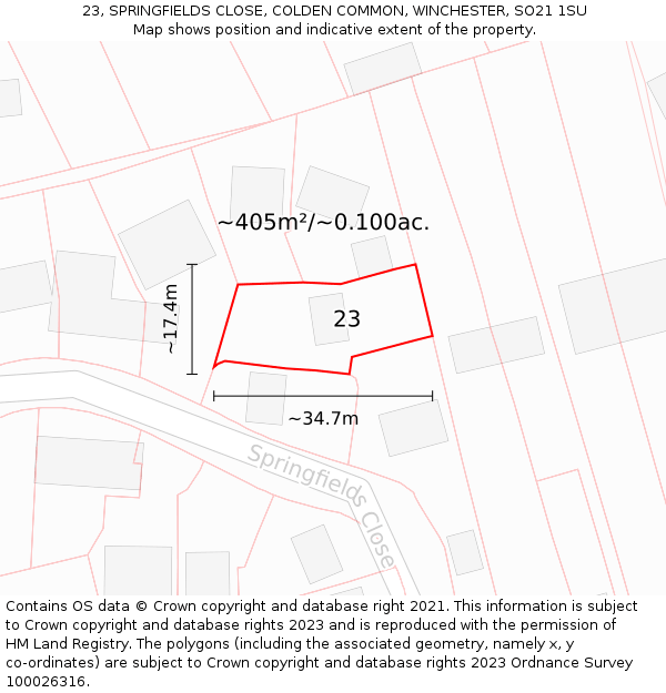 23, SPRINGFIELDS CLOSE, COLDEN COMMON, WINCHESTER, SO21 1SU: Plot and title map