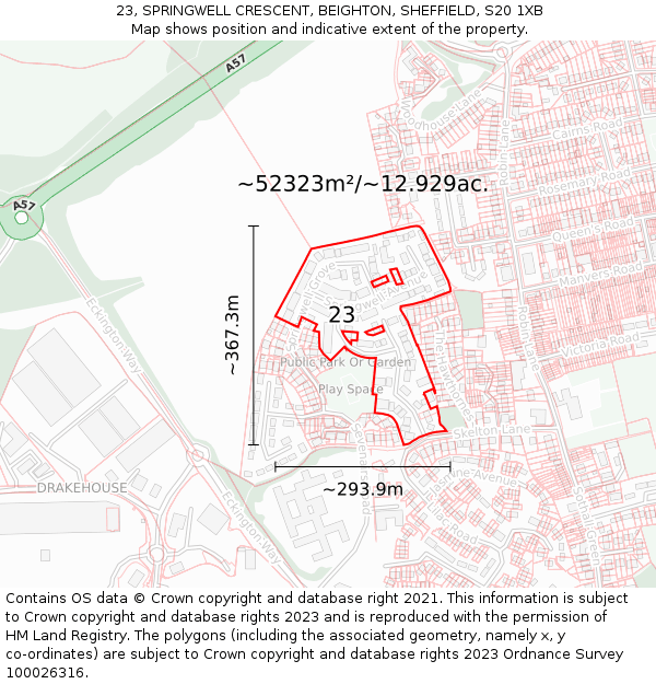 23, SPRINGWELL CRESCENT, BEIGHTON, SHEFFIELD, S20 1XB: Plot and title map