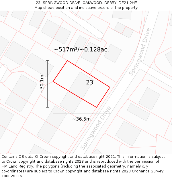 23, SPRINGWOOD DRIVE, OAKWOOD, DERBY, DE21 2HE: Plot and title map