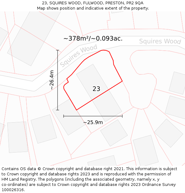 23, SQUIRES WOOD, FULWOOD, PRESTON, PR2 9QA: Plot and title map