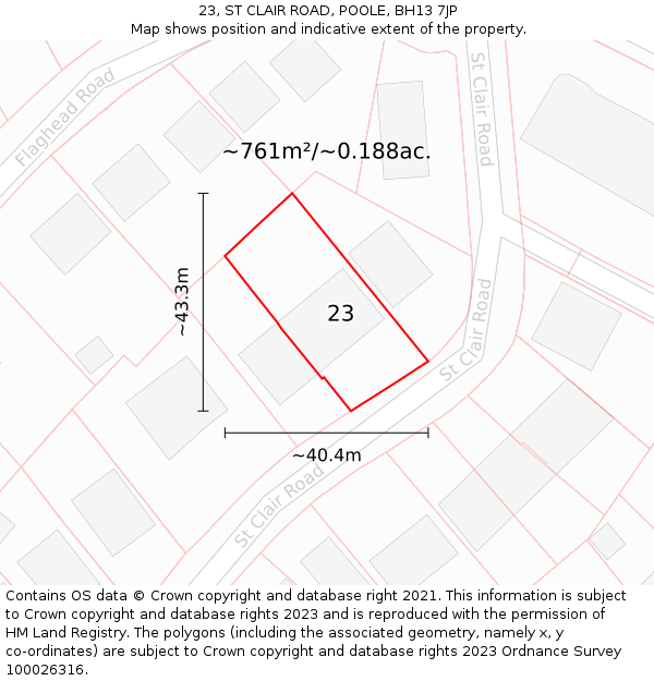 23, ST CLAIR ROAD, POOLE, BH13 7JP: Plot and title map
