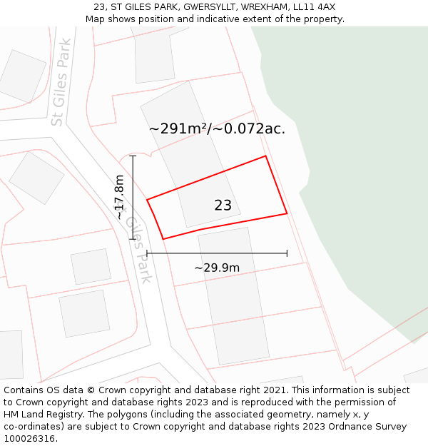 23, ST GILES PARK, GWERSYLLT, WREXHAM, LL11 4AX: Plot and title map