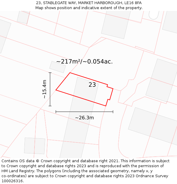 23, STABLEGATE WAY, MARKET HARBOROUGH, LE16 8FA: Plot and title map