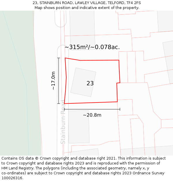 23, STAINBURN ROAD, LAWLEY VILLAGE, TELFORD, TF4 2FS: Plot and title map