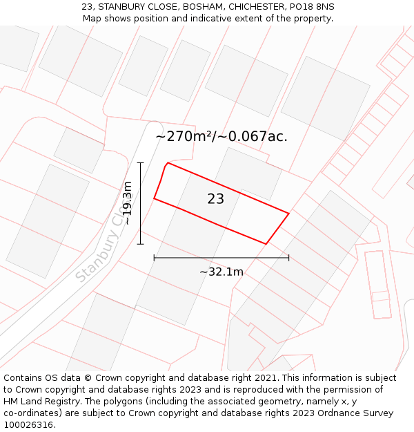 23, STANBURY CLOSE, BOSHAM, CHICHESTER, PO18 8NS: Plot and title map