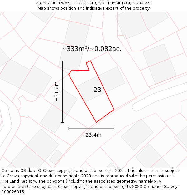 23, STANIER WAY, HEDGE END, SOUTHAMPTON, SO30 2XE: Plot and title map