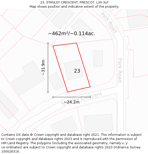 23, STANLEY CRESCENT, PRESCOT, L34 3LP: Plot and title map