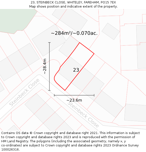 23, STEINBECK CLOSE, WHITELEY, FAREHAM, PO15 7EX: Plot and title map