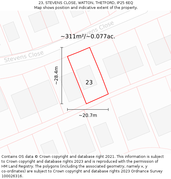 23, STEVENS CLOSE, WATTON, THETFORD, IP25 6EQ: Plot and title map