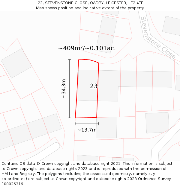 23, STEVENSTONE CLOSE, OADBY, LEICESTER, LE2 4TF: Plot and title map