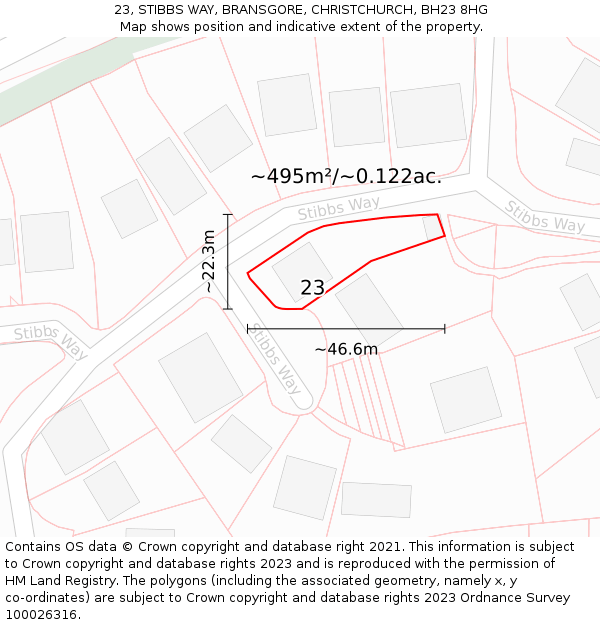 23, STIBBS WAY, BRANSGORE, CHRISTCHURCH, BH23 8HG: Plot and title map