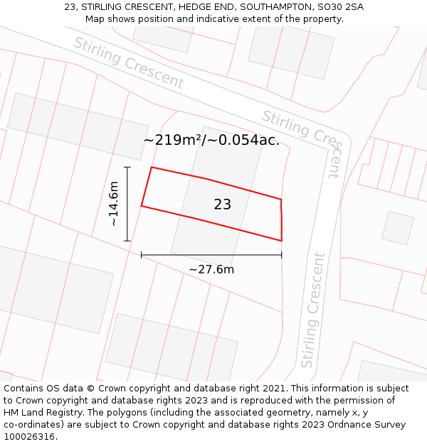 23, STIRLING CRESCENT, HEDGE END, SOUTHAMPTON, SO30 2SA: Plot and title map