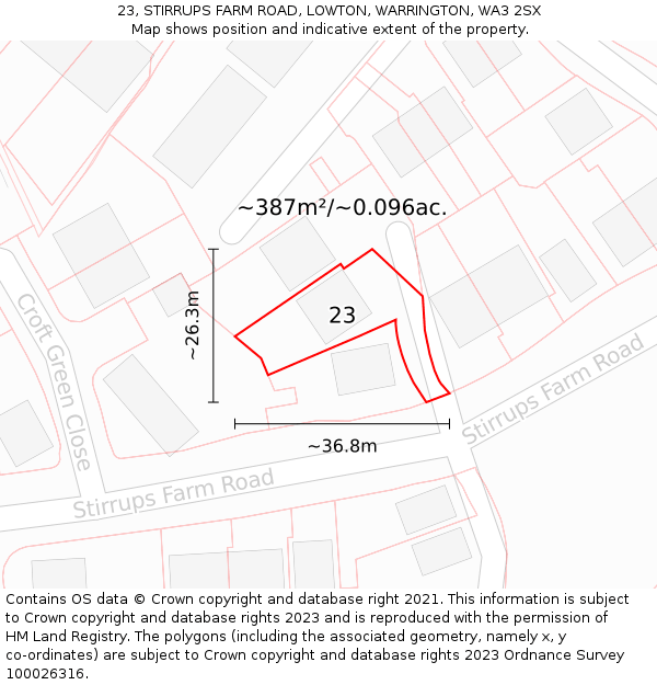 23, STIRRUPS FARM ROAD, LOWTON, WARRINGTON, WA3 2SX: Plot and title map