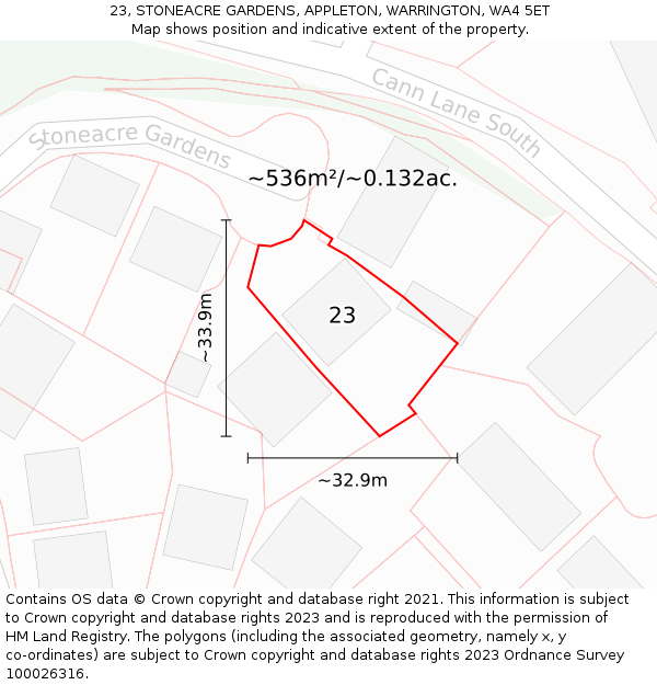 23, STONEACRE GARDENS, APPLETON, WARRINGTON, WA4 5ET: Plot and title map