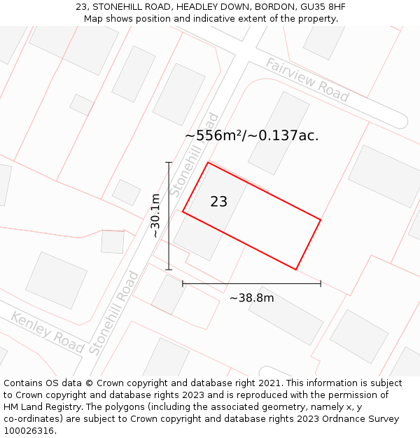 23, STONEHILL ROAD, HEADLEY DOWN, BORDON, GU35 8HF: Plot and title map