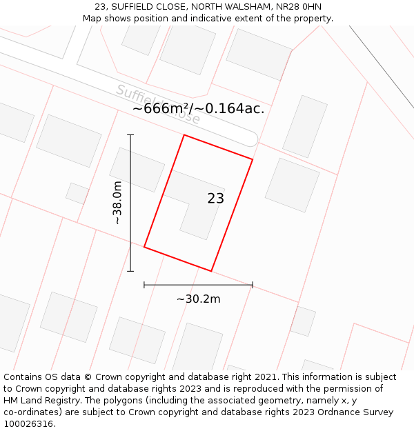23, SUFFIELD CLOSE, NORTH WALSHAM, NR28 0HN: Plot and title map