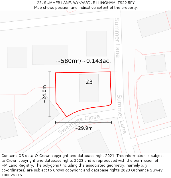 23, SUMMER LANE, WYNYARD, BILLINGHAM, TS22 5PY: Plot and title map