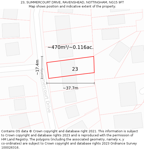 23, SUMMERCOURT DRIVE, RAVENSHEAD, NOTTINGHAM, NG15 9FT: Plot and title map