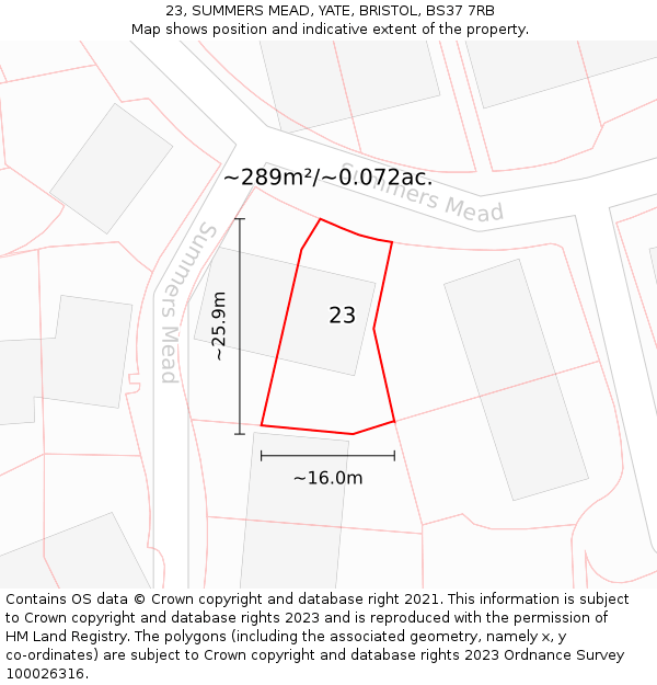 23, SUMMERS MEAD, YATE, BRISTOL, BS37 7RB: Plot and title map