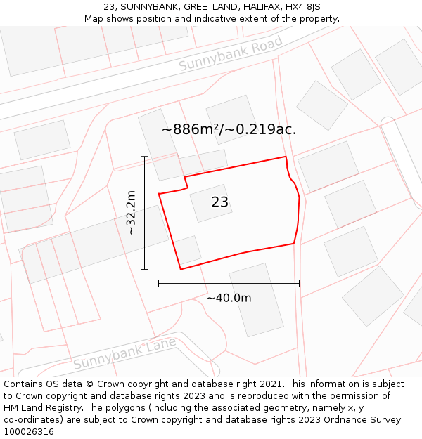 23, SUNNYBANK, GREETLAND, HALIFAX, HX4 8JS: Plot and title map