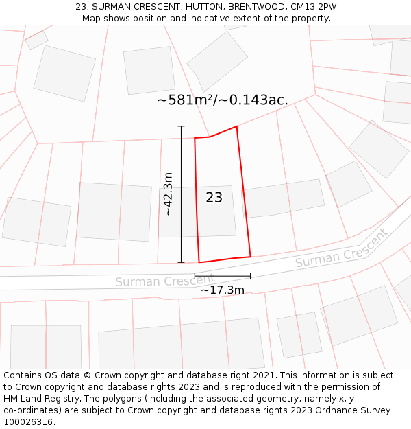 23, SURMAN CRESCENT, HUTTON, BRENTWOOD, CM13 2PW: Plot and title map