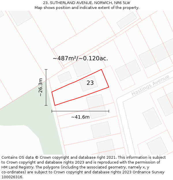 23, SUTHERLAND AVENUE, NORWICH, NR6 5LW: Plot and title map