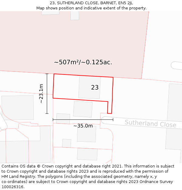 23, SUTHERLAND CLOSE, BARNET, EN5 2JL: Plot and title map