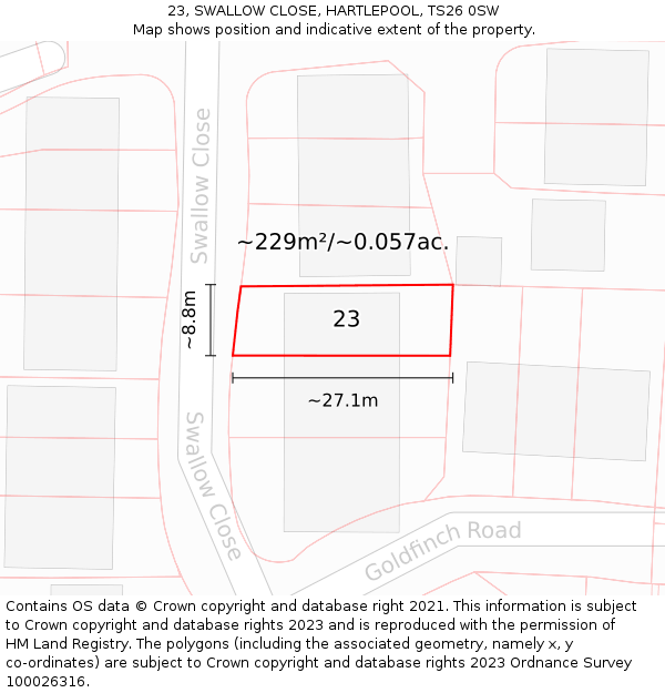 23, SWALLOW CLOSE, HARTLEPOOL, TS26 0SW: Plot and title map