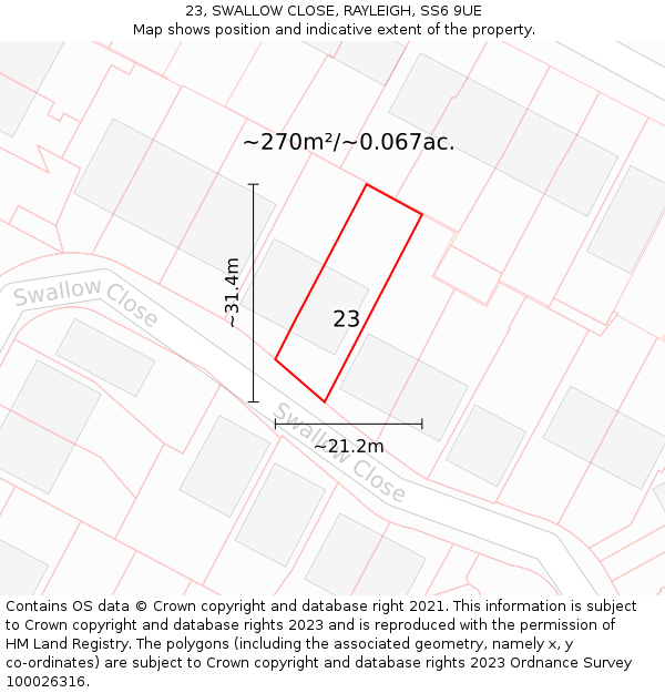 23, SWALLOW CLOSE, RAYLEIGH, SS6 9UE: Plot and title map