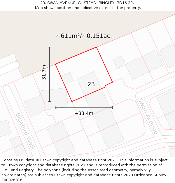 23, SWAN AVENUE, GILSTEAD, BINGLEY, BD16 3PU: Plot and title map