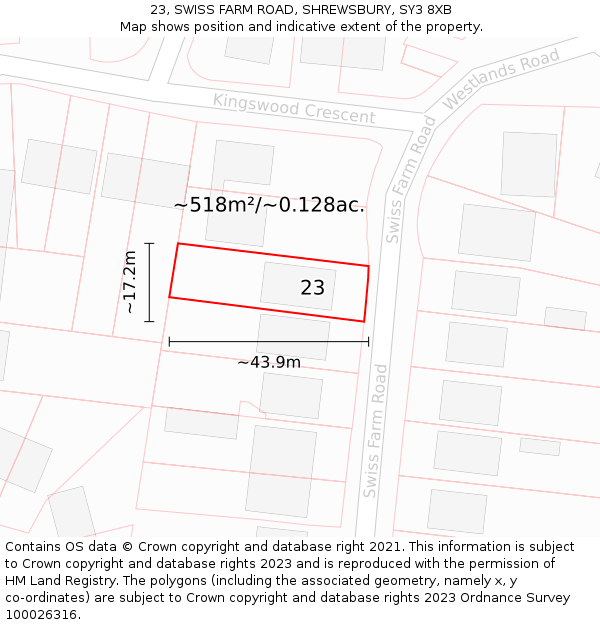 23, SWISS FARM ROAD, SHREWSBURY, SY3 8XB: Plot and title map