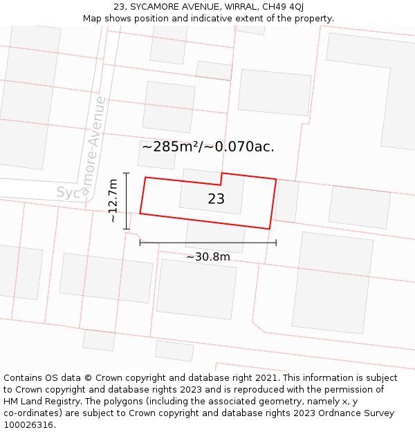 23, SYCAMORE AVENUE, WIRRAL, CH49 4QJ: Plot and title map
