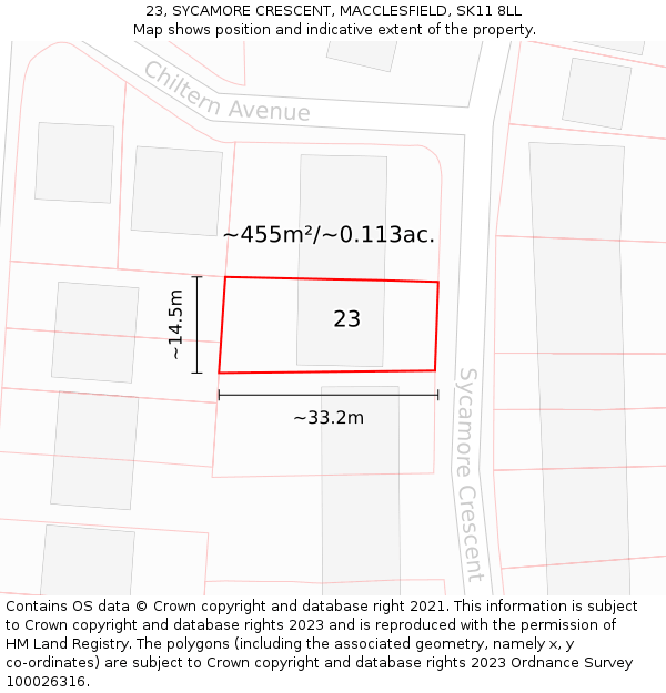 23, SYCAMORE CRESCENT, MACCLESFIELD, SK11 8LL: Plot and title map