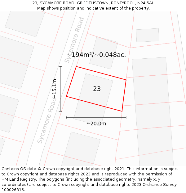 23, SYCAMORE ROAD, GRIFFITHSTOWN, PONTYPOOL, NP4 5AL: Plot and title map