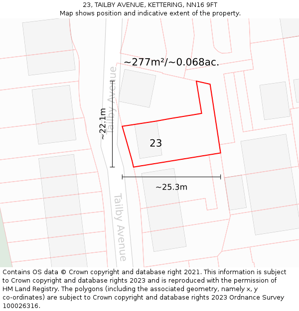 23, TAILBY AVENUE, KETTERING, NN16 9FT: Plot and title map