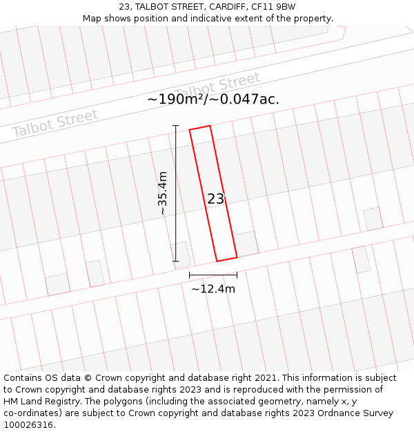 23, TALBOT STREET, CARDIFF, CF11 9BW: Plot and title map