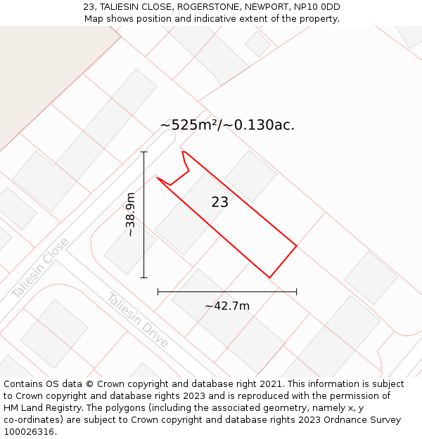23, TALIESIN CLOSE, ROGERSTONE, NEWPORT, NP10 0DD: Plot and title map