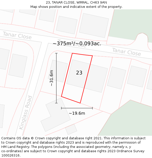 23, TANAR CLOSE, WIRRAL, CH63 9AN: Plot and title map